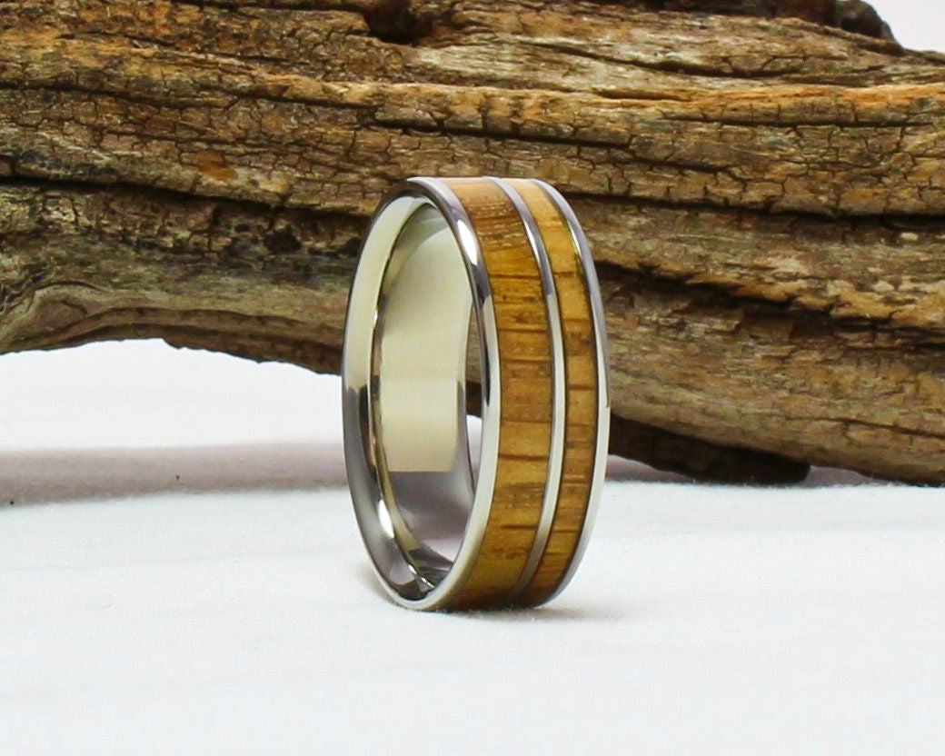 Titanium Ring with Whiskey Barrel wood