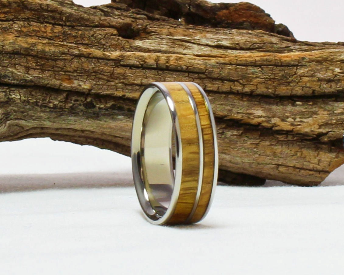 Titanium Ring with Whiskey Barrel wood