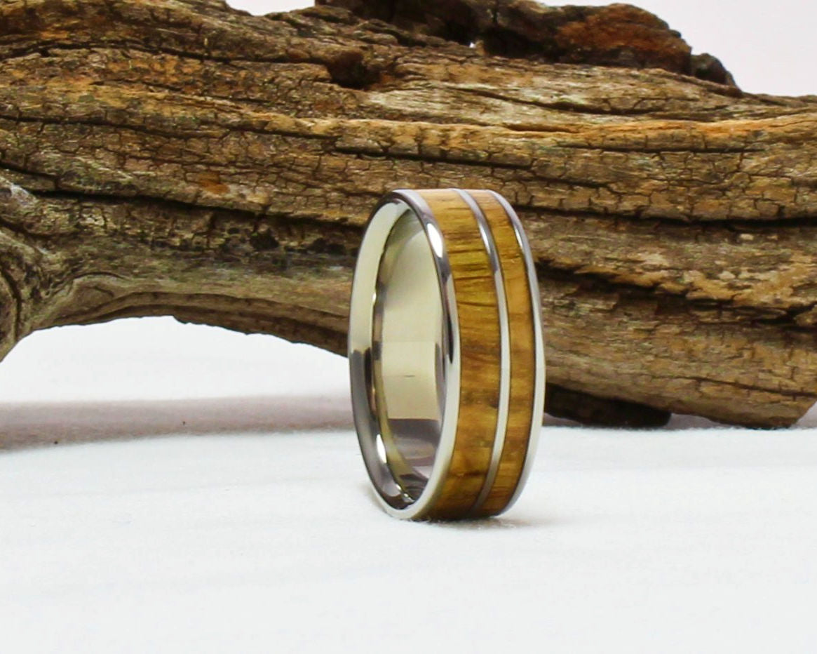 Titanium Ring with Whiskey Barrel wood