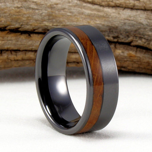 Black Ceramic Offset Ring with Whiskey Barrel Wood Inlay