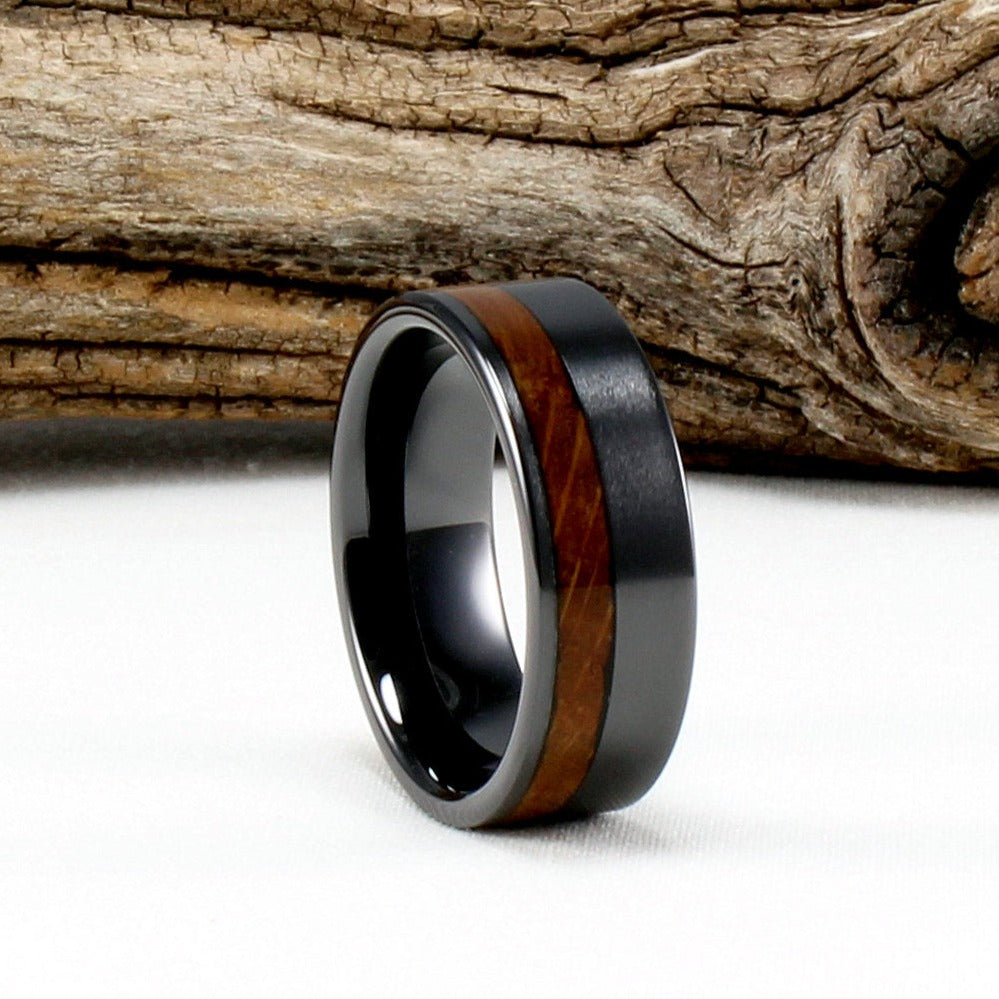 Black Ceramic Offset Ring with Whiskey Barrel Wood Inlay