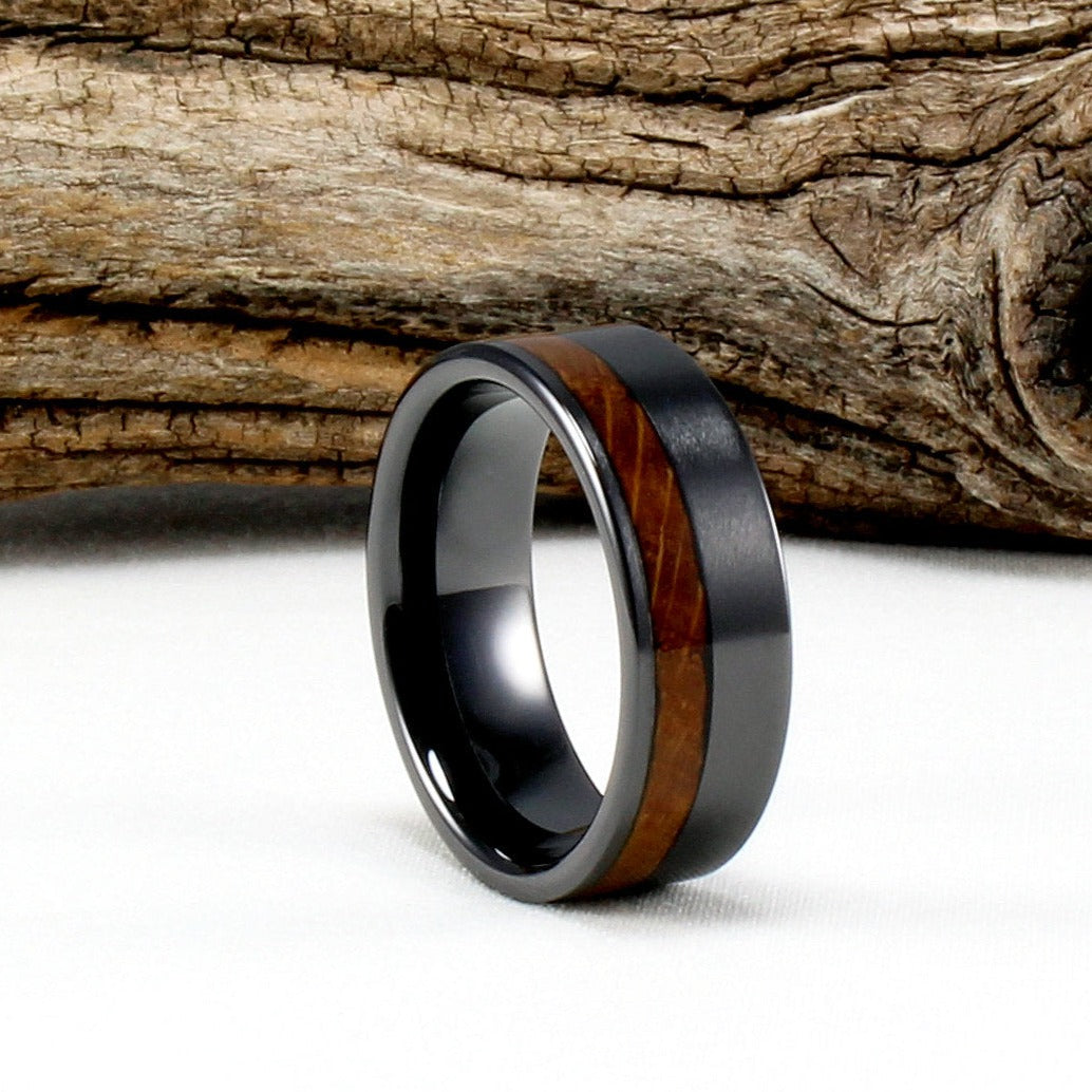 Black Ceramic Offset Ring with Whiskey Barrel Wood Inlay