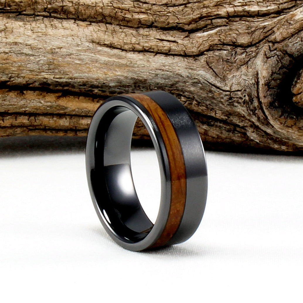 Black Ceramic Offset Ring with Whiskey Barrel Wood Inlay