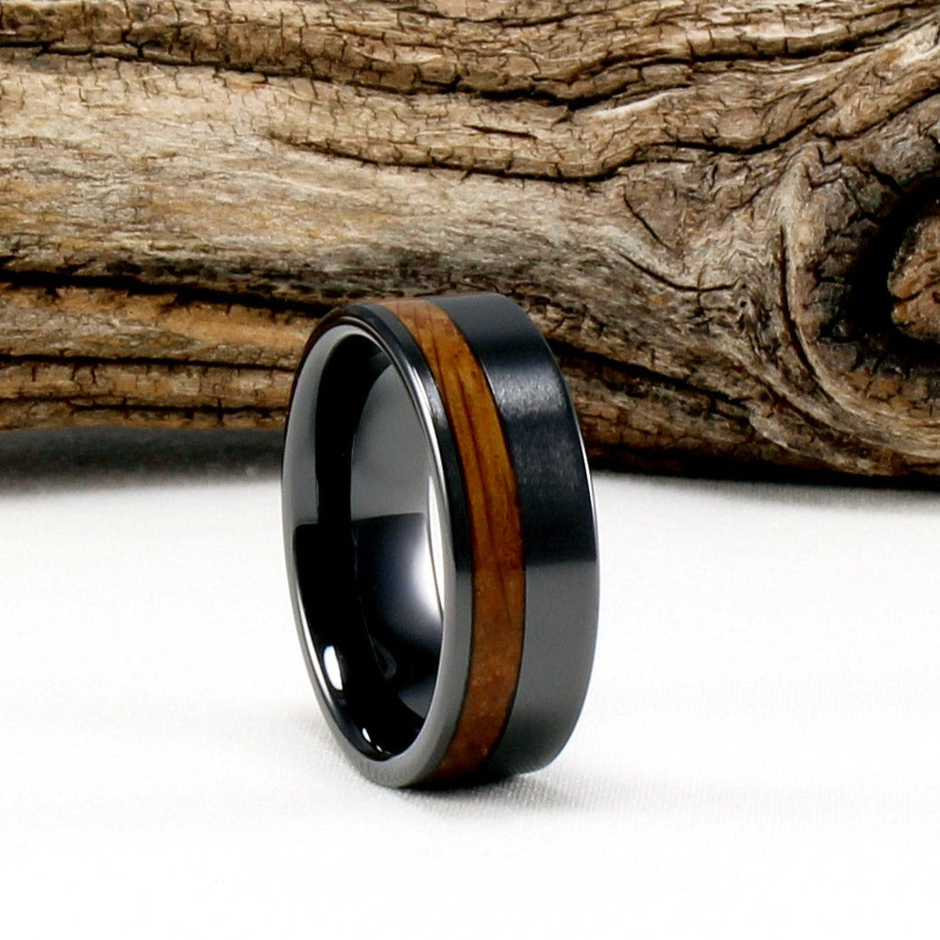 Black Ceramic Offset Ring with Whiskey Barrel Wood Inlay