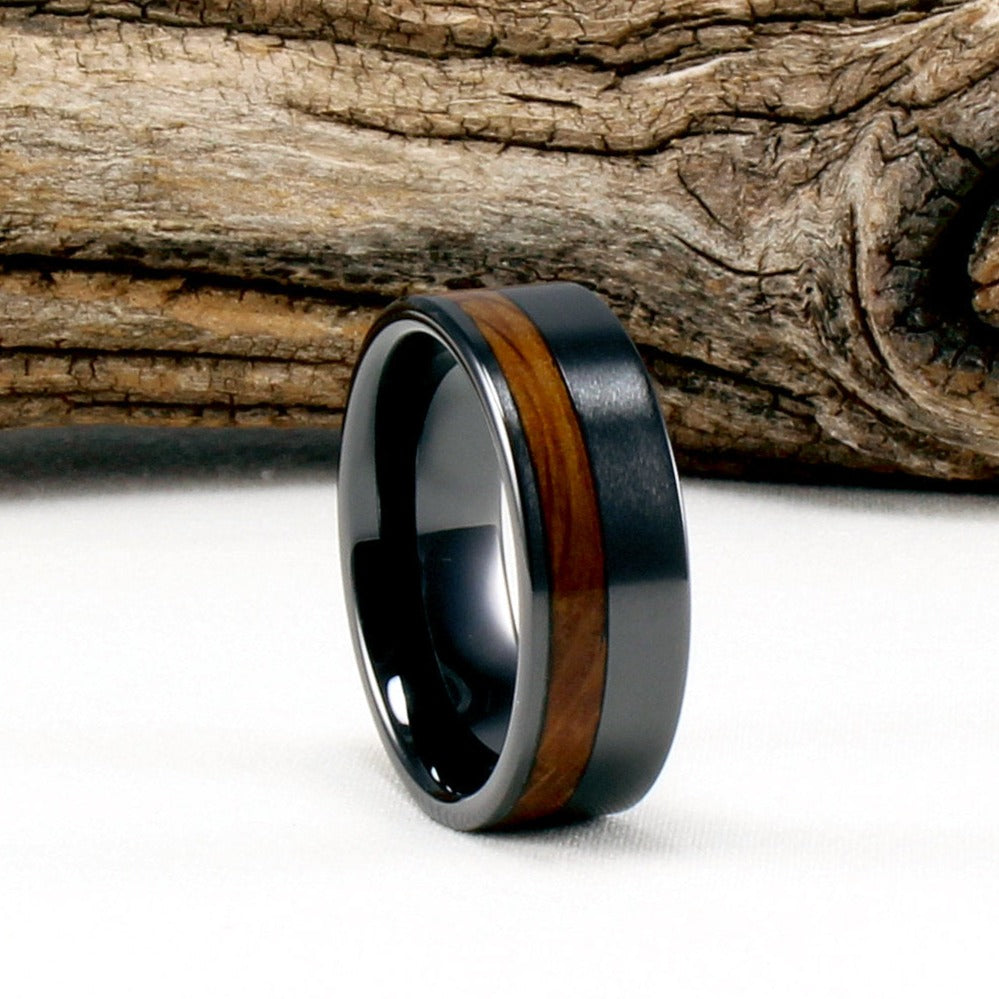 Black Ceramic Offset Ring with Whiskey Barrel Wood Inlay