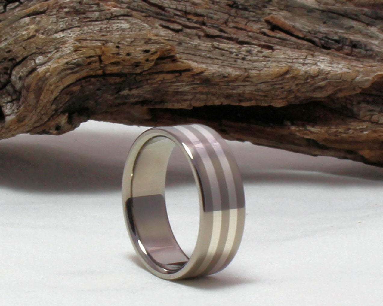 Titanium Sterling Silver inlay Ring, Titanium Silver Pinstripe