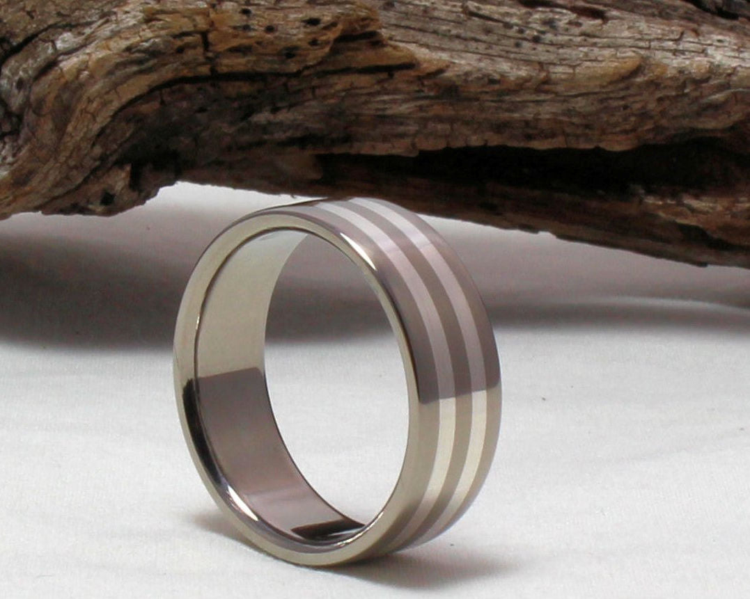 Titanium Sterling Silver inlay Ring, Titanium Silver Pinstripe