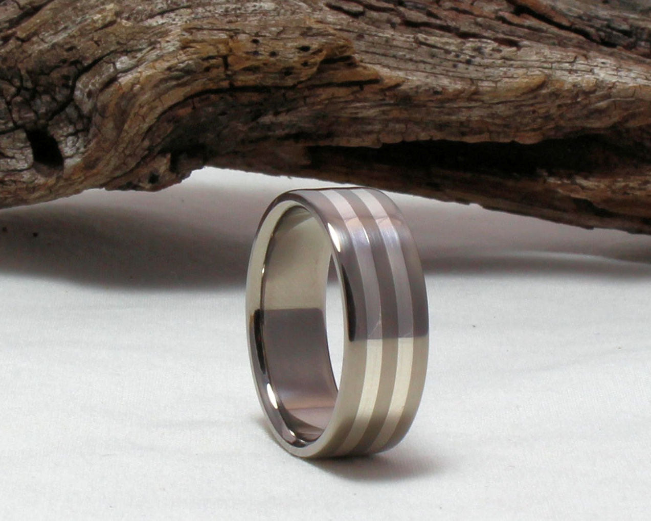 Titanium Sterling Silver inlay Ring, Titanium Silver Pinstripe