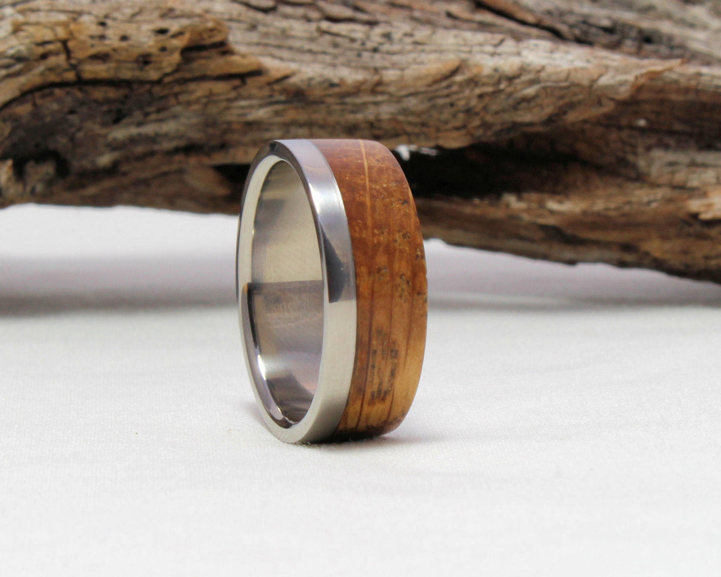 Men's Wedding Band with Whiskey Barrel Wood Inlay