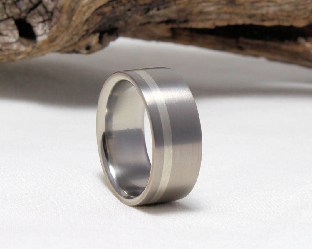 Titanium Band with Sterling Silver Pinstripe Brushed Finish